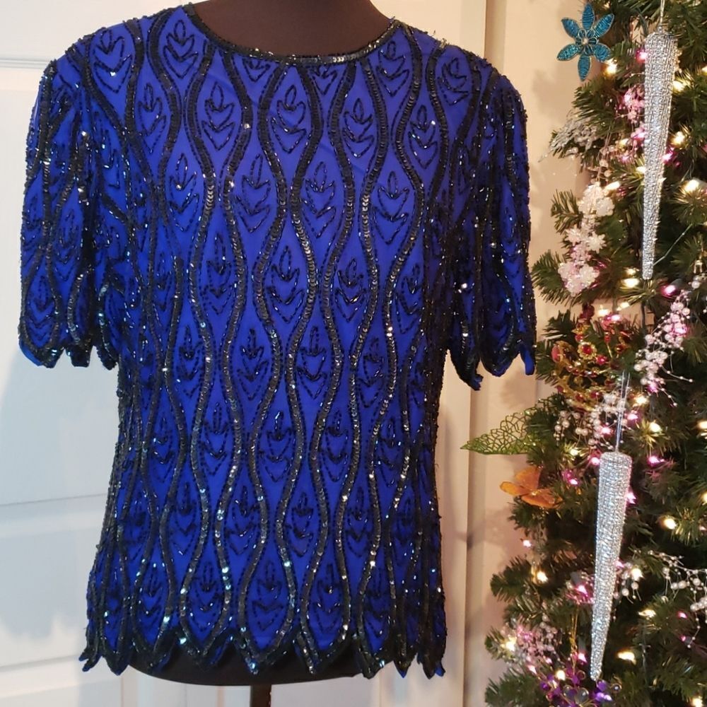 VNTG Ste'nay Blue Silk Black Sequin Top